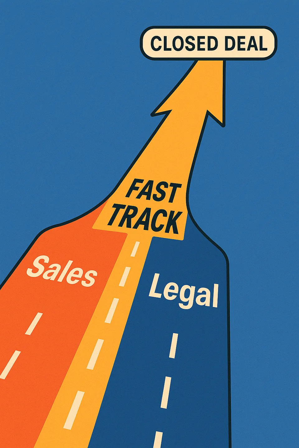 Fast-track deal flow: Sales and Legal lanes merging into a single highway toward Closed Deal