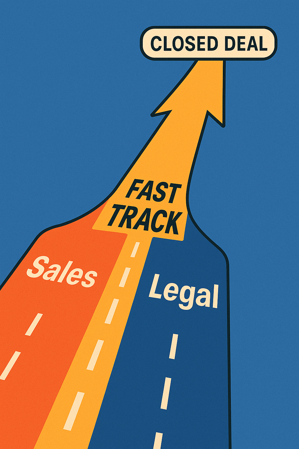 Fast track deal flow illustration showing Sales and Legal lanes merging into a single highway toward Closed Deal